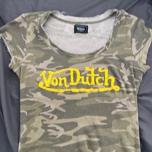 Y2K Von Dutch Crop Sleeve Army print T -shirt Sz S